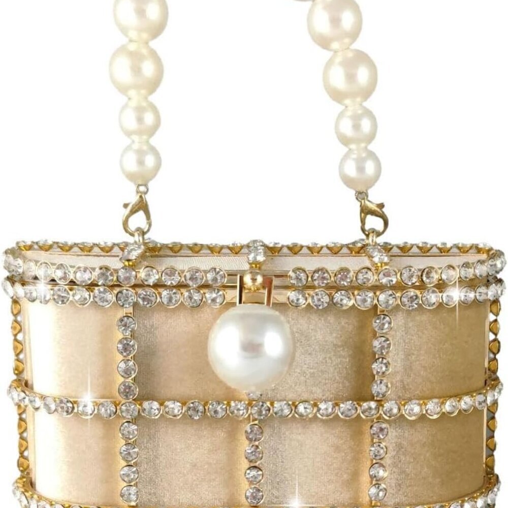 Elegant Evening Handbag with Pearl Rhinestone Bucket Bag Crystal Clutch Purses f